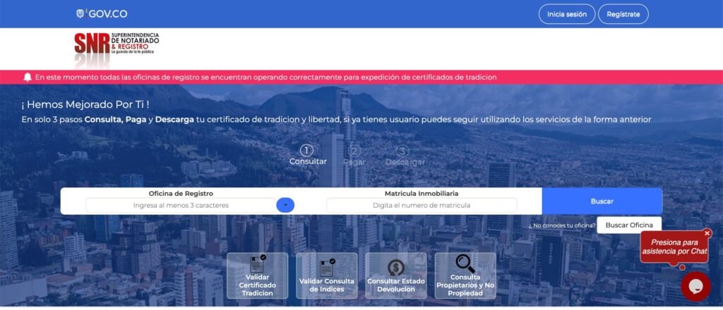 Página web de la entidad botón Certificado de Tradición y Libertad